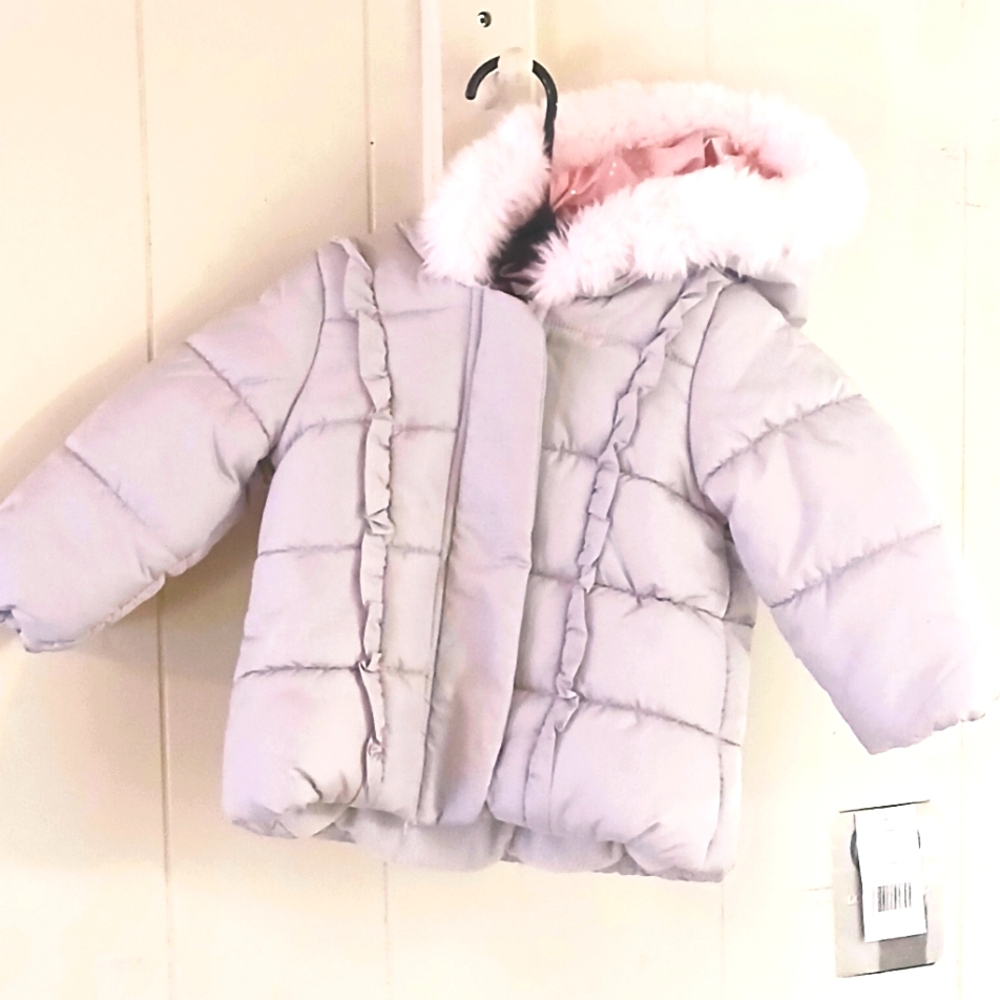 LONDON FOG HOODED FAUX FUR GREY PINK SHOOTING STAR PUFFER JACKET SIZE 18 MONTHS